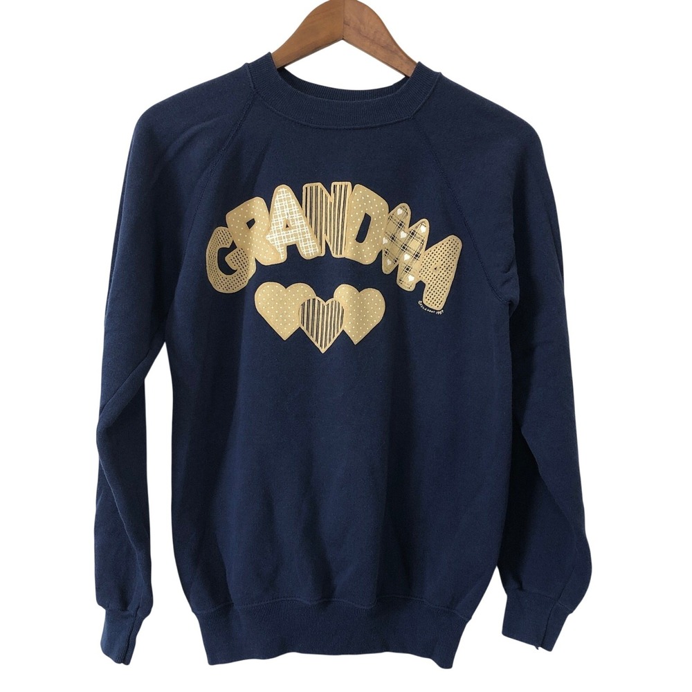 VTG 1980s Grandma Sweatshirt Navy‎ Gold Hearts Fleece Lined Medium USA